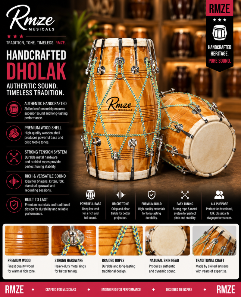 Rmze handcrafted wooden dholak with natural skin heads and rope tuning