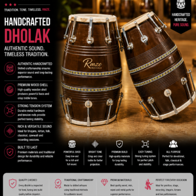 Rmze handcrafted wooden dholak traditional Indian percussion instrument