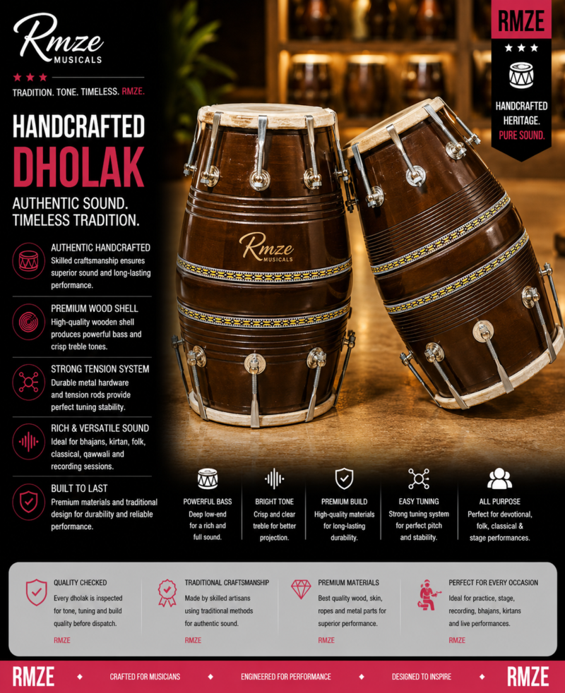 Rmze handcrafted wooden dholak traditional Indian percussion instrument