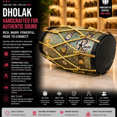 Rmze handcrafted wooden dholak traditional Indian percussion drum