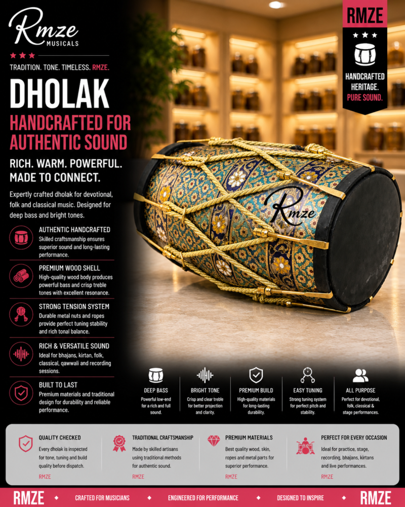 Rmze handcrafted wooden dholak traditional Indian percussion drum