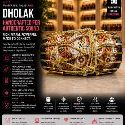 Rmze handcrafted wooden dholak traditional Indian percussion drum