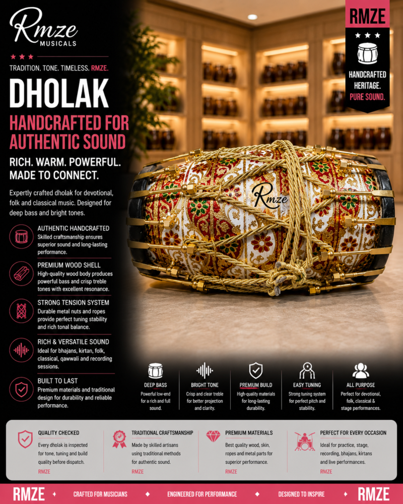 Rmze handcrafted wooden dholak traditional Indian percussion drum