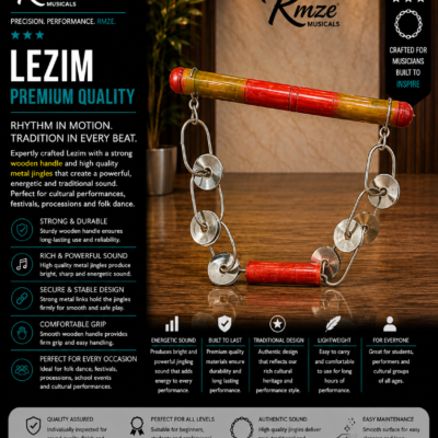 Rmze traditional Lezim Indian percussion instrument with wooden handles and metal jingles