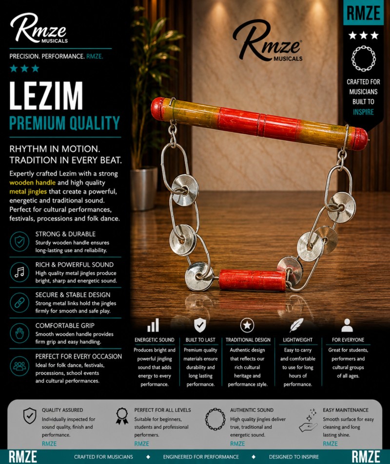 Rmze traditional Lezim Indian percussion instrument with wooden handles and metal jingles