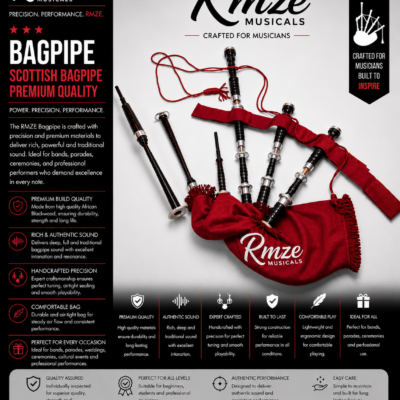 Rmze red Scottish bagpipe with traditional wood pipes and bag