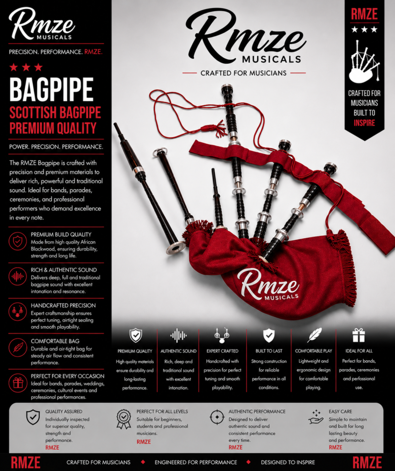 Rmze red Scottish bagpipe with traditional wood pipes and bag