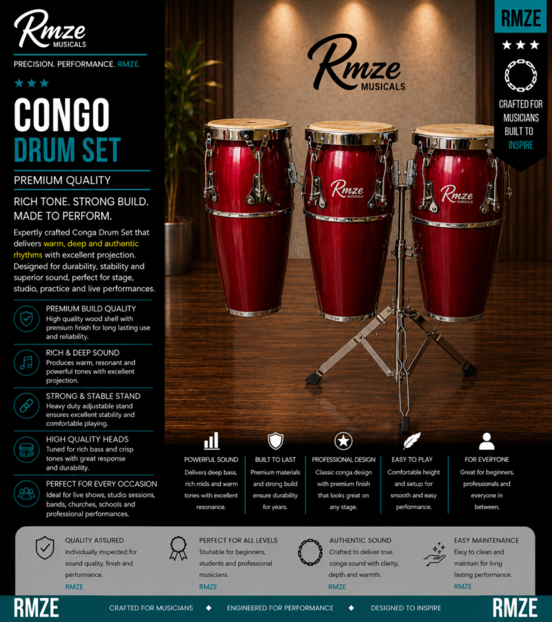 Rmze 3-piece red wooden Congo drum set with heavy-duty adjustable stand