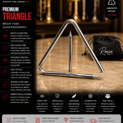RMZE Premium steel triangle percussion instrument with beater and carrying pouch