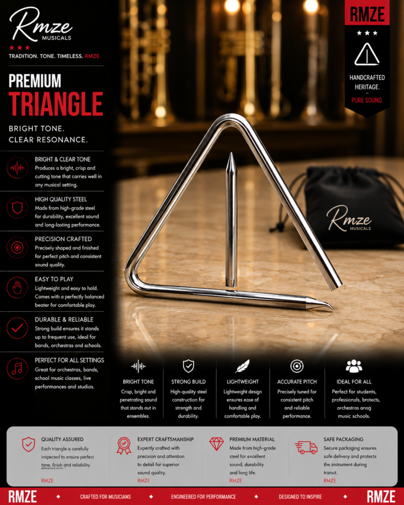 RMZE Premium steel triangle percussion instrument with beater and carrying pouch