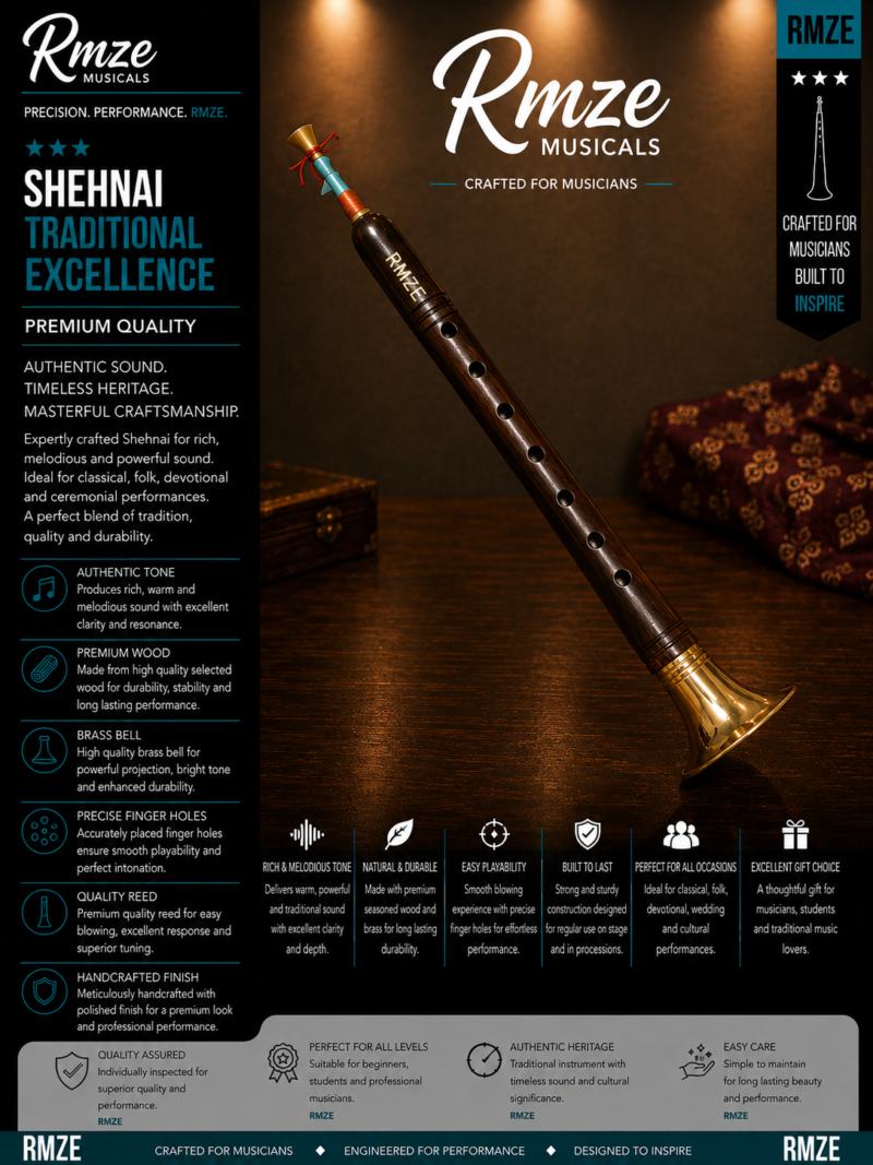 Rmze premium wooden Shehnai with brass bell and quality reed