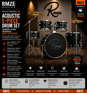 Premium Acoustic 5-Piece Black Drum Set – Complete Drum Kit with Cymbals & Hardware