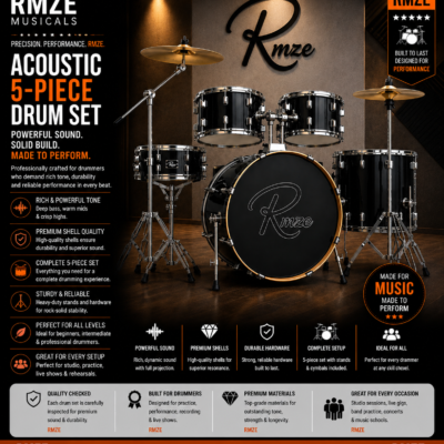 Rmze black acoustic 5-piece drum set with cymbals and hardware