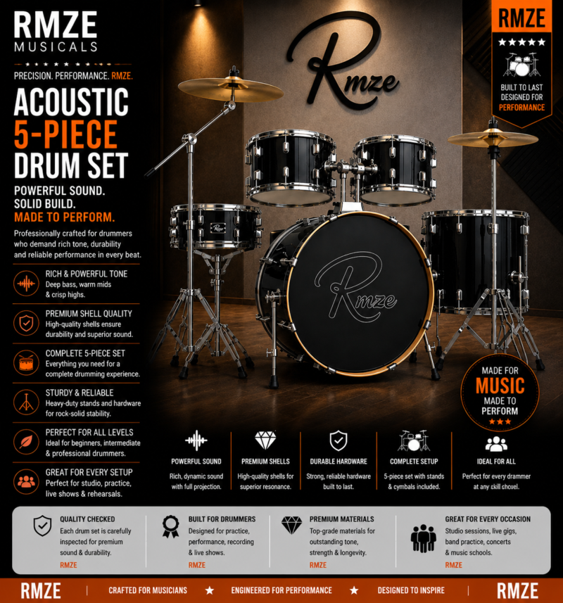 Rmze black acoustic 5-piece drum set with cymbals and hardware