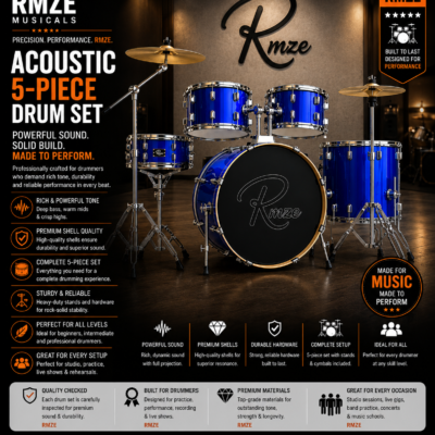 Rmze blue acoustic 5-piece drum set with cymbals and hardware
