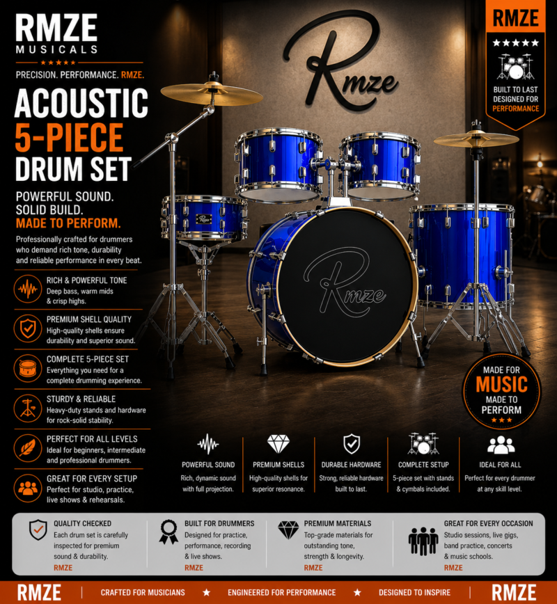 Rmze blue acoustic 5-piece drum set with cymbals and hardware
