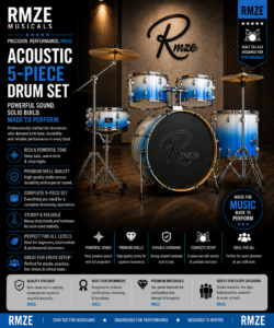 Premium Acoustic 5-Piece White-Blue Drum Set – Complete Drum Kit with Cymbals & Hardware