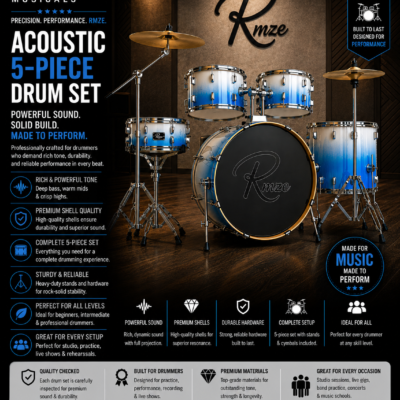 Rmze white-blue acoustic 5-piece drum set with cymbals and hardware
