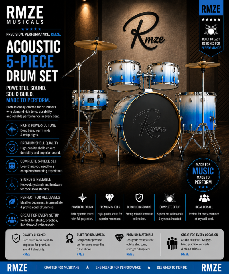 Rmze white-blue acoustic 5-piece drum set with cymbals and hardware