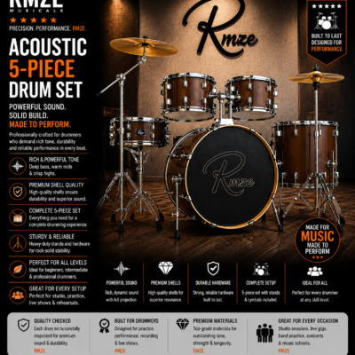 Rmze brown acoustic 5-piece drum set with cymbals and hardware