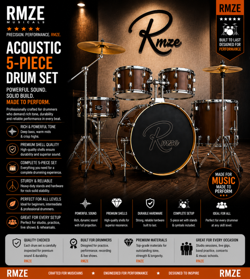 Rmze brown acoustic 5-piece drum set with cymbals and hardware