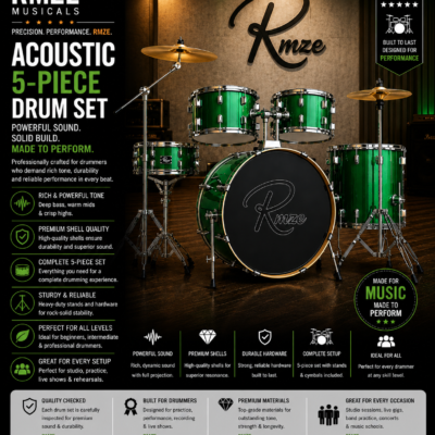 Rmze green acoustic 5-piece drum set with cymbals and hardware