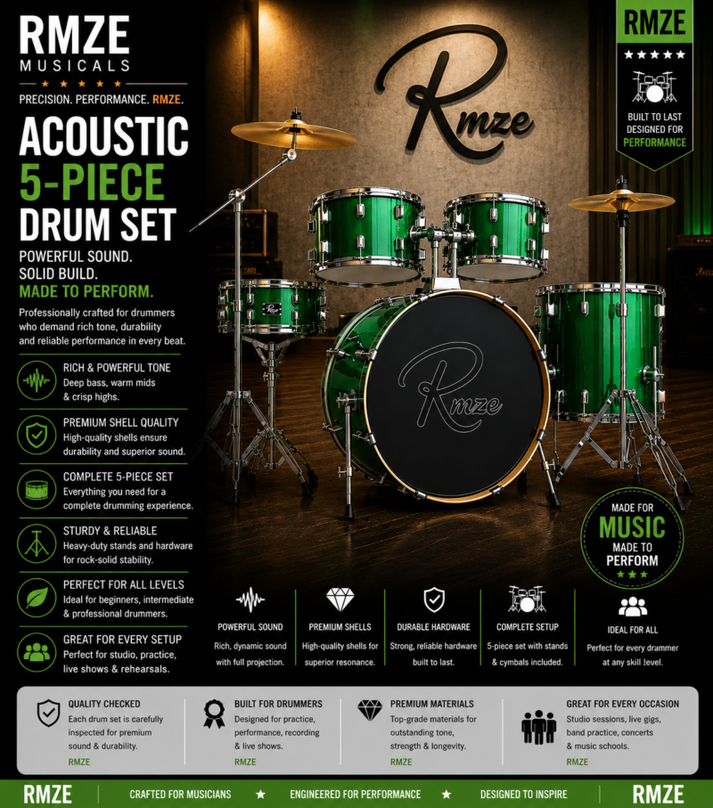Rmze green acoustic 5-piece drum set with cymbals and hardware