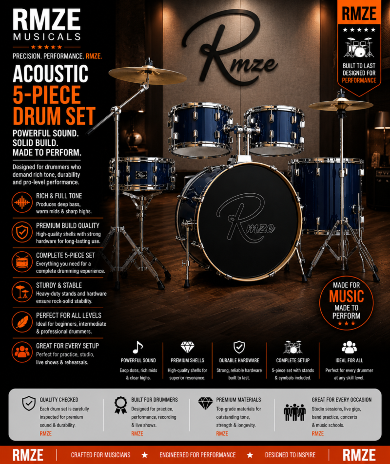 Rmze navy blue acoustic 5-piece drum set with cymbals and hardware