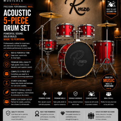 Rmze Red acoustic 5-piece drum set with cymbals and hardware