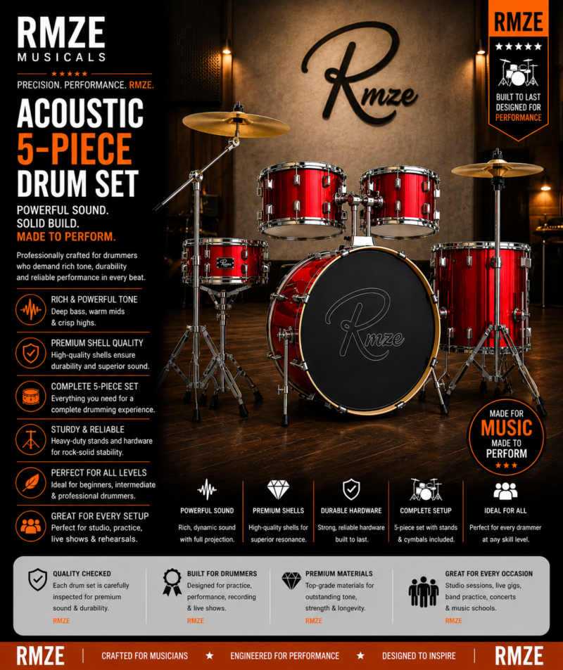 Rmze Red acoustic 5-piece drum set with cymbals and hardware