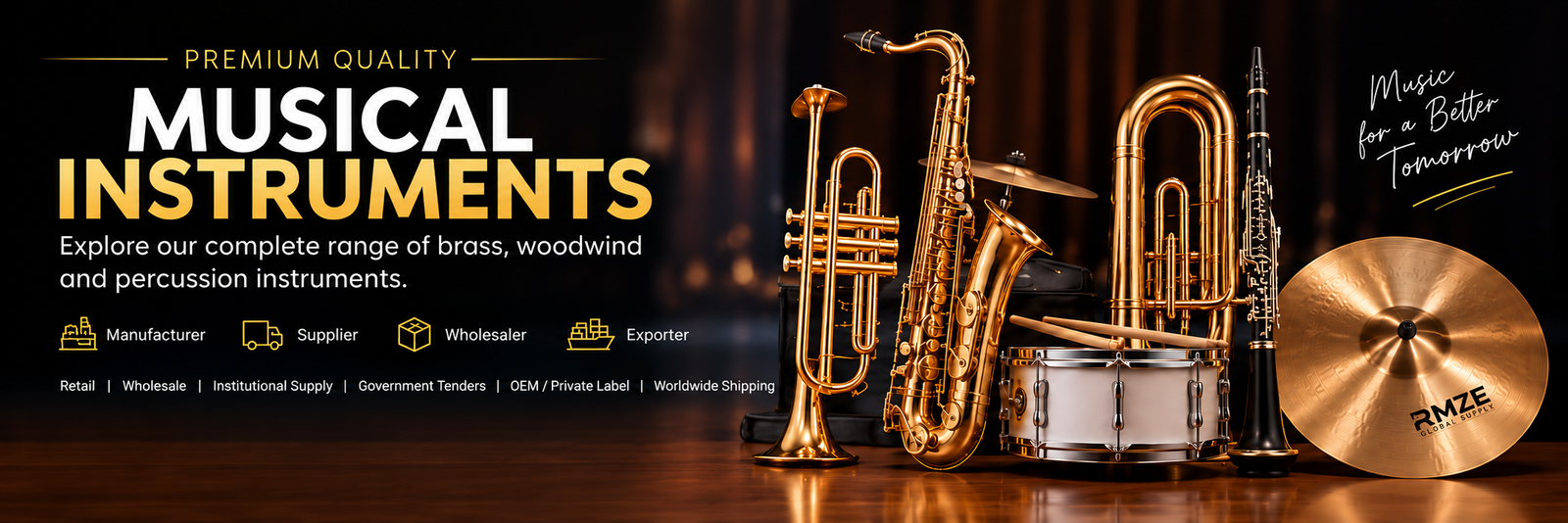 RMZE musical instruments supply including brass, woodwind and percussion instruments