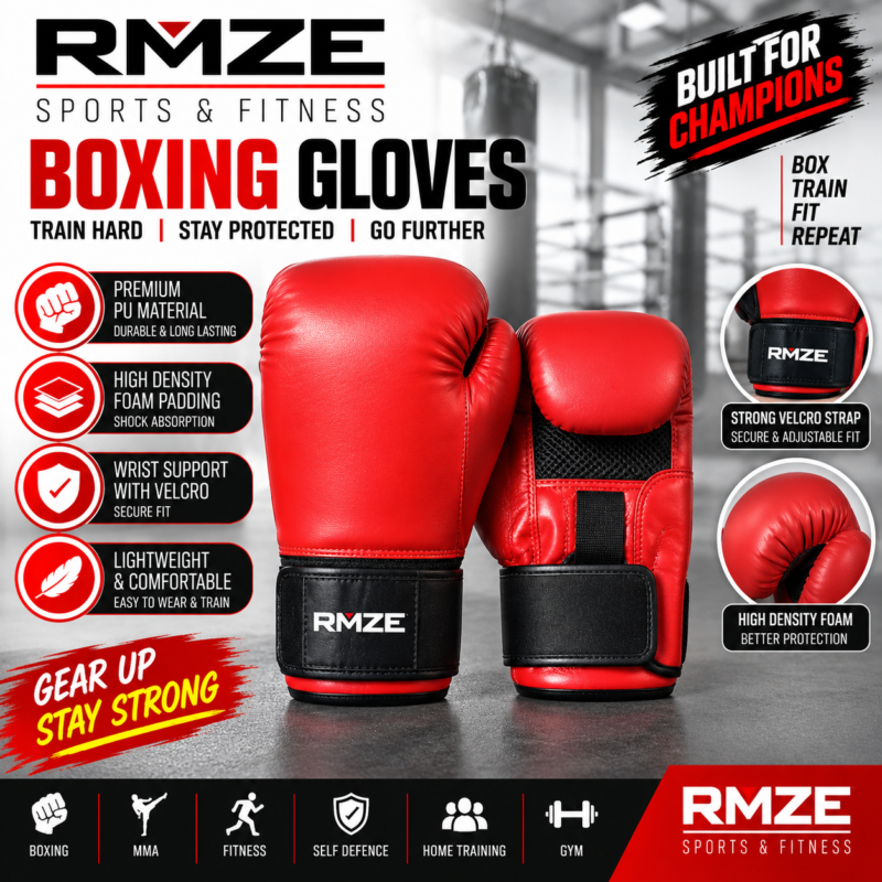 RMZE boxing gloves with premium PU material high density foam padding and Velcro wrist support for boxing MMA and training