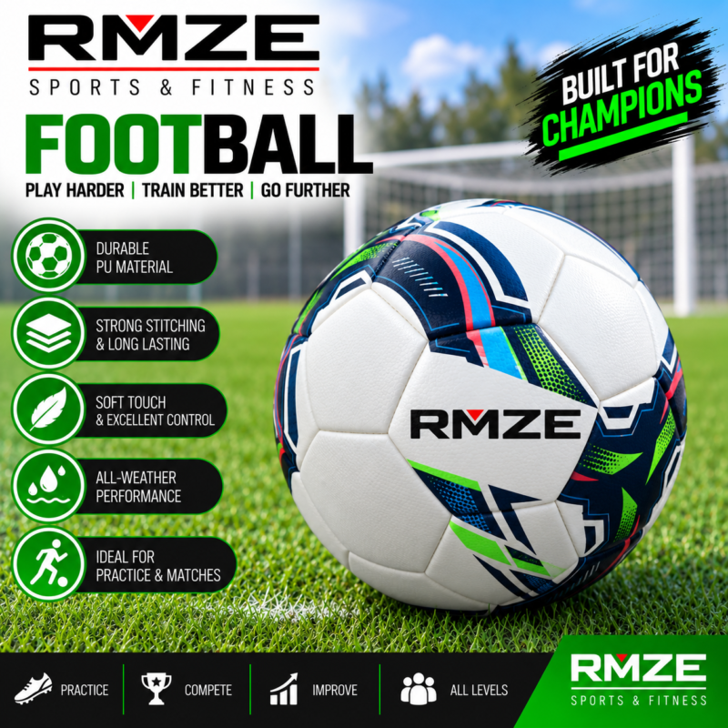 RMZE football with PU material and white blue green design for practice and training