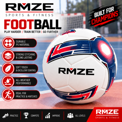 RMZE football with durable PU material and white blue red design for practice and training