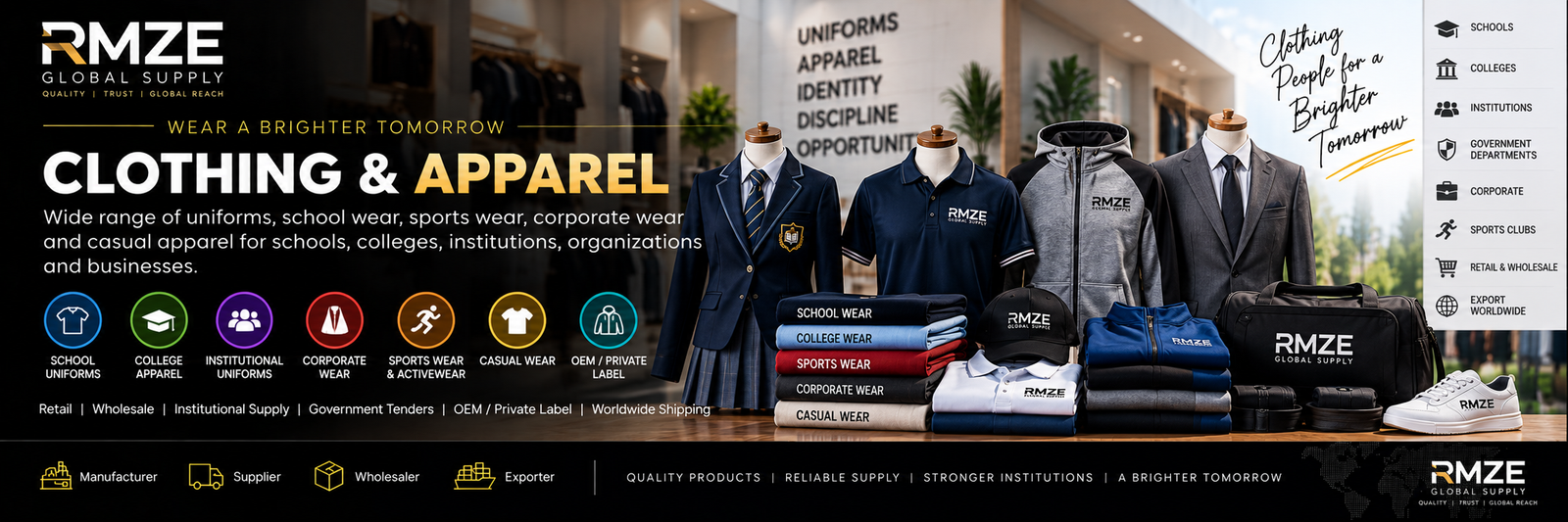 RMZE clothing and apparel supply including uniforms, school wear, sportswear and corporate wear