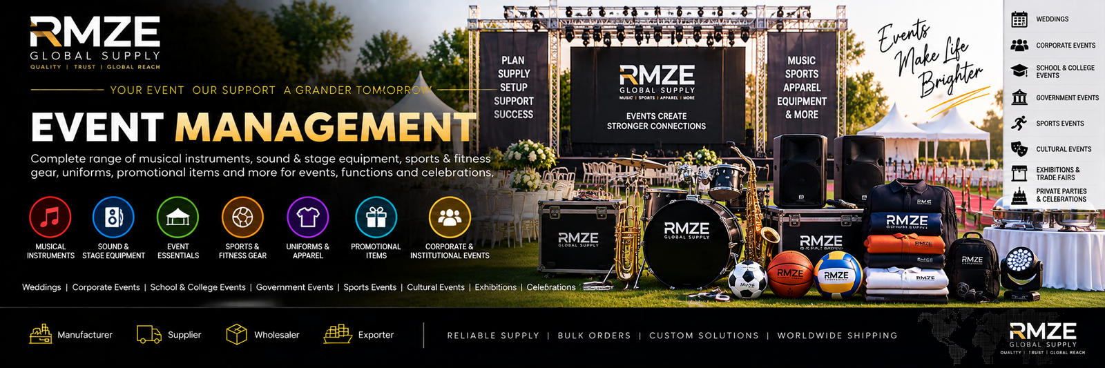 RMZE event supply solutions for weddings, corporate events, school events, sports events and celebrations