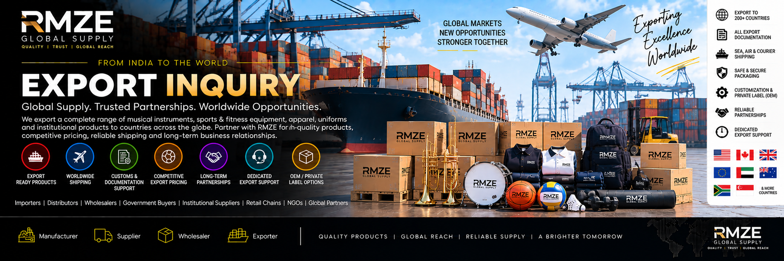 RMZE export inquiry for musical instruments, sports equipment, apparel and institutional products