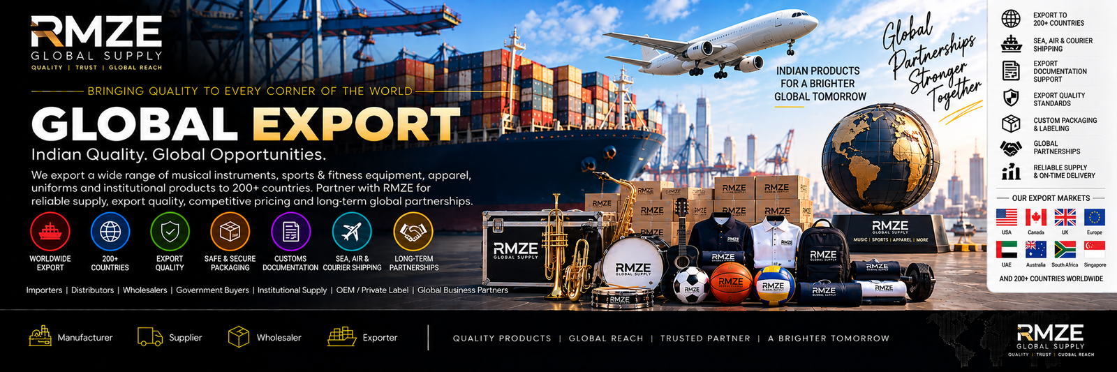 RMZE global export of musical instruments, sports equipment, apparel, uniforms and institutional products