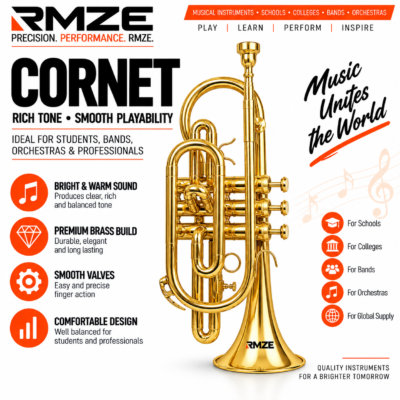 Rmze Silver cornet with 3 valve premium brass construction for students bands schools colleges and orchestras
