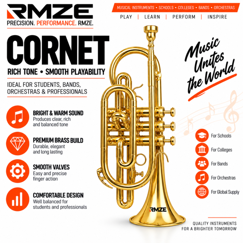 Rmze Silver cornet with 3 valve premium brass construction for students bands schools colleges and orchestras