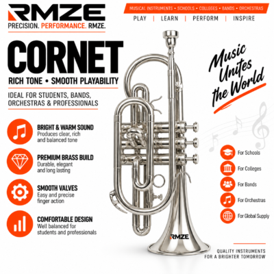 RMZE silver cornet with 3 valve premium brass construction for students bands schools colleges and orchestras