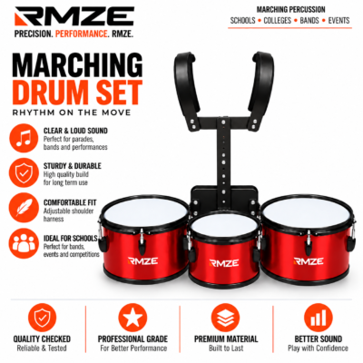 RMZE 3 drum marching drum set with adjustable shoulder harness for school bands parades and events