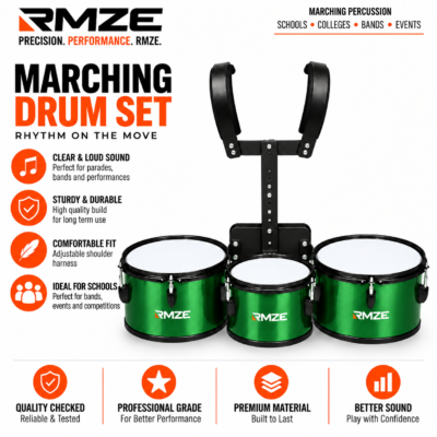 RMZE 3 drum marching drum set with adjustable shoulder harness for school bands parades and events