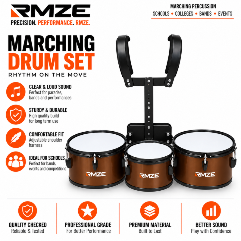 RMZE 3 drum marching drum set with adjustable shoulder harness for school bands parades and events