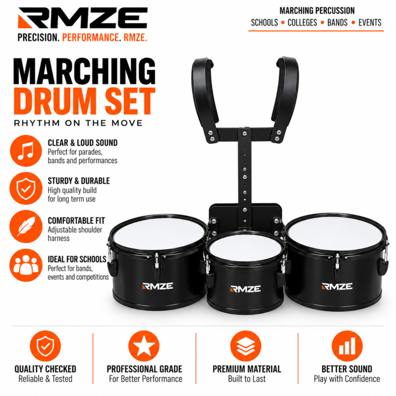RMZE 3 drum marching drum set with adjustable shoulder harness for school bands parades and events