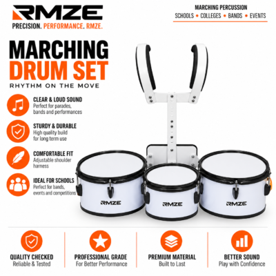 RMZE 3 drum marching drum set with adjustable shoulder harness for school bands parades and events