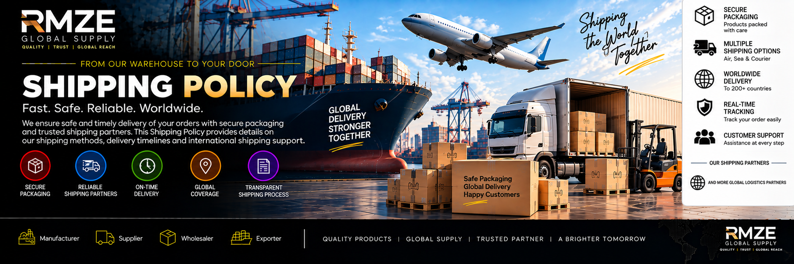 RMZE Shipping Policy covering secure packaging, shipping options, worldwide delivery and tracking