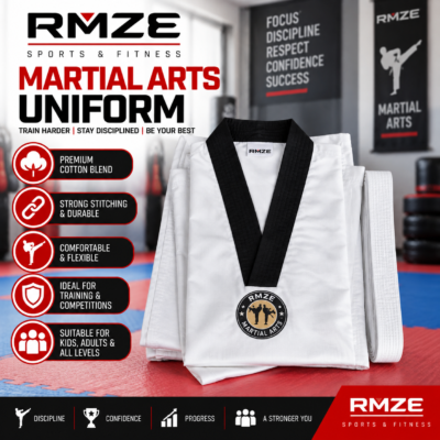 RMZE martial arts uniform with belt for karate taekwondo training practice and martial arts classes
