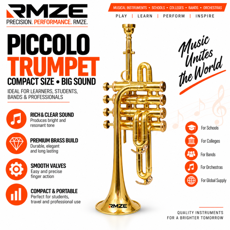 RMZE gold piccolo trumpet with compact 4 valve brass design for students bands orchestras and musicians