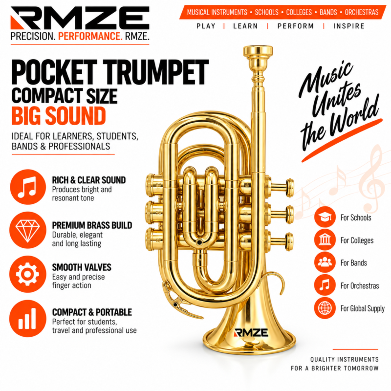 RMZE gold pocket trumpet with compact brass design and 3 valves for students bands and orchestras